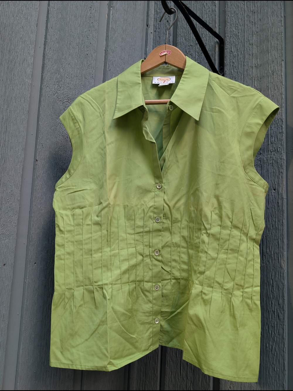 Talbots Lime Green Sleeveless Pintuck Button-Front Blouse